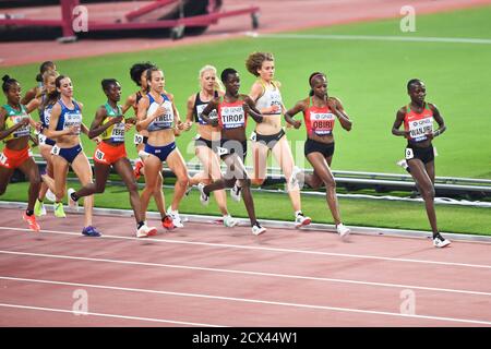 Agnes Tirop, Hellen Obiri and Rosemary Wanjiru (Kenya) leading the pack. 10,000 metres women final. IAAF World Athletics Championships, Doha 2019 Stock Photo