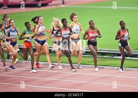 Agnes Tirop, Hellen Obiri and Rosemary Wanjiru (Kenya) leading the pack. 10,000 metres women final. IAAF World Athletics Championships, Doha 2019 Stock Photo