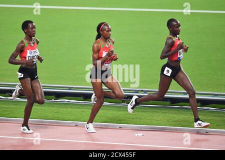 Agnes Tirop, Hellen Obiri and Rosemary Wanjiru (Kenya). 10,000 metres women final. IAAF World Athletics Championships, Doha 2019 Stock Photo