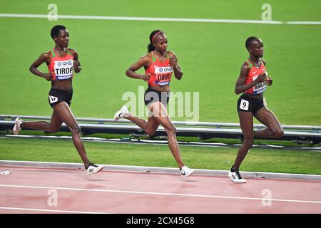 Agnes Tirop, Hellen Obiri and Rosemary Wanjiru (Kenya). 10,000 metres women final. IAAF World Athletics Championships, Doha 2019 Stock Photo