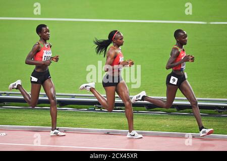 Agnes Tirop, Hellen Obiri and Rosemary Wanjiru (Kenya). 10,000 metres women final. IAAF World Athletics Championships, Doha 2019 Stock Photo