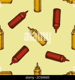 Seamless pattern with hand drawn colored sauce bottles Stock Vector