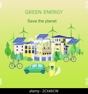 Landscape of eco friendly future town using green energy. Row of houses, trees, solar panel, windmill, bicycle, hybrid car. Web mobile template Stock Vector