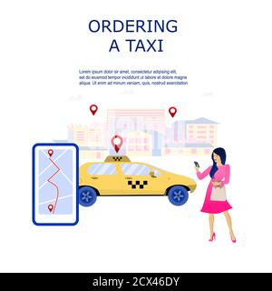 Illustration for online ordering a taxi car, rent and sharing using service mobile application. Woman holding a phone Modern landing page for mobile Stock Vector