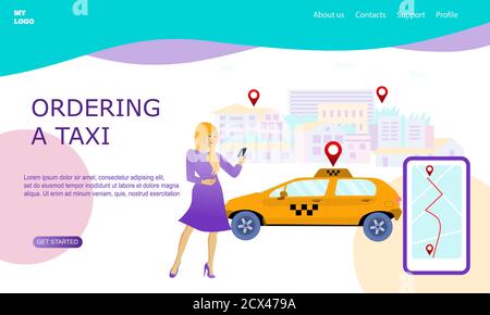 Illustration for online ordering a taxi car, rent and sharing using service mobile application. Woman holding a phone Modern landing page for mobile Stock Vector