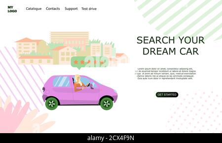 Web page template for car seller service advertising. Girl sitting in the car. City scape. Modern landing page for mobile app. Business website Stock Vector