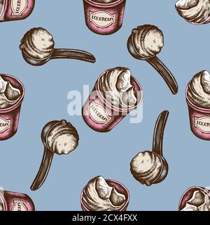 Seamless pattern with hand drawn colored ice cream bucket, ice cream scoop Stock Vector