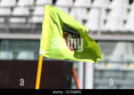 The corner flag with the symbol of Torino FC waves during the Serie A football match between Torino FC and Atalanta BC at Olympic Grande Torino Stadiu Stock Photo