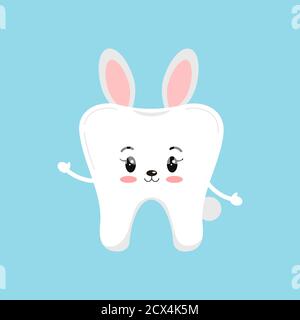 Cute Christmas tooth in bunny rabbit costume with ears icon in flat cartoon style isolated on background. Stock Vector
