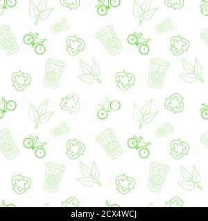 Seamless pattern of recycle sign, bicycle, waste can, leaf in green colour. For wrapping paper, wallpaper, fabric pattern, backdrop, print, gift wrap Stock Vector
