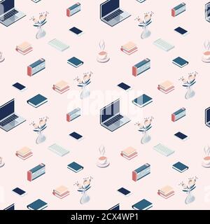 Seamless pattern of Isomertic laptop, phone, book, notebook, camera, flower vase, cup of coffee. , for wrapping paper, wallpaper, fabric pattern Stock Vector