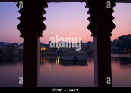 Dawn view of old Udaipur from the Lake Pichola hotel. Rajasthan, India Stock Photo