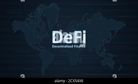 Text DeFi decentralized finance on dark background with world map. An ecosystem of financial applications and services based on public blockchains. Stock Vector