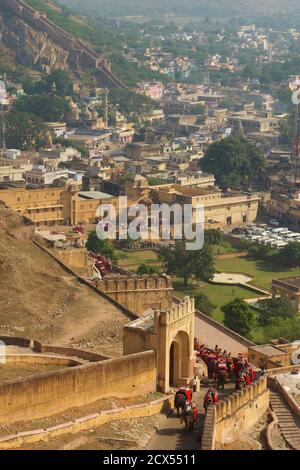 Elephant rides for tourists on the path up to the Amber Fort, Amer, Jaipur, Rajasthan, India Stock Photo
