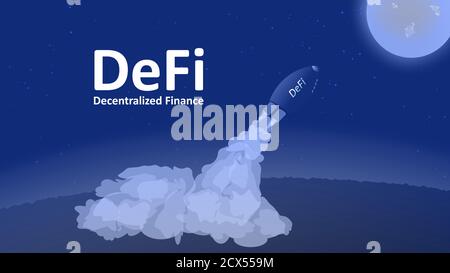 DeFi projects flies to the Moon. The decentralized finance sector is growing rapidly. The rocket with the inscription takes off from the ground. Stock Vector