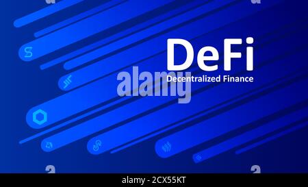 DeFi decentralized finance on blue background. Flying meteorites with coin symbols. Vector 10. Stock Vector