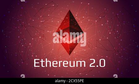 Ethereum 2.0 updated - cryptocurrency coin symbol on abstract polygonal red background. New direction after hard fork. Proof-of-Stake PoS consensus. Stock Vector
