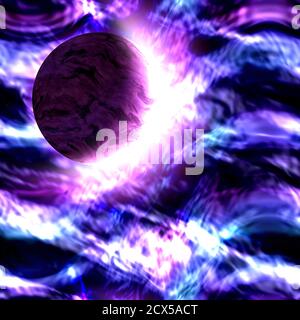 Galaxy exoplanet explorer - World Beyond Our Solar System, distant planet system burning in violet interstellar plasma after close supernova explosion Stock Photo