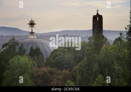 The dome and bell tower of the new Cathedral of Our Lady Mary of Zion built in the 1950s Stock Photo