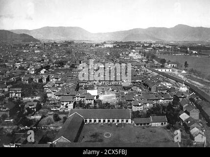 Bird's-eye view of Kathmandu and part of Tundikhel parade ground at right circa 1920. Stock Photo