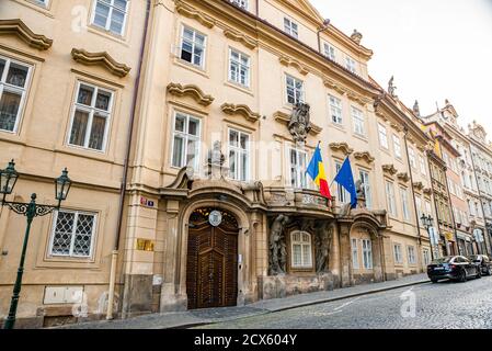 Prague, Czech republic - September 20, 2020. Nerudova street without tourists during travel restrictions in front of Romanian Embassy Stock Photo