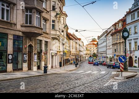 Prague, Czech republic - September 20, 2020. Karmelitska street without tourists during growing pandemy in Europe Covid-19