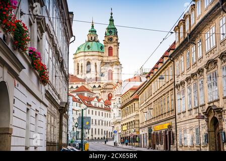 Prague, Czech republic - September 20, 2020. Empty street around St. Nicholas Church during coronavirus Stock Photo