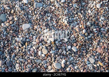 Background of multi-colored pebbles on the sea beach, close up, horizontal orientation Stock Photo
