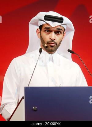 Secretary-General Hassan Al-Thawadi of Qatar's Supreme Committee for Delivery and Legacy, the nation's 2022 World Cup organising committee, speaks during a news conference to announce the start of work on the Al-Khor Stadium in Al-Khor June 21, 2014. REUTERS/Mohammed Dabbous (QATAR - Tags: SPORT BUSINESS CONSTRUCTION SOCCER)