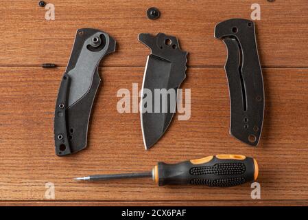 Top view on blade, handle of a disassembled knife and a screwdriver Stock Photo