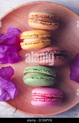 Variety of flavors of Macarrons, sweet French Stock Photo