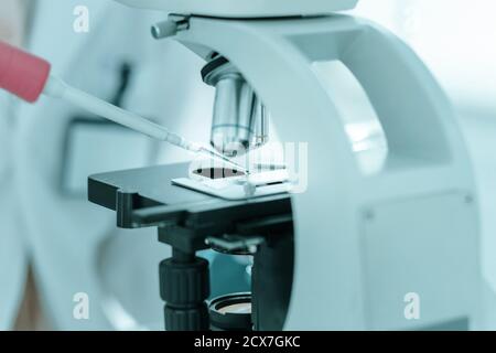 close up. scientist using automatic pipette for research . Stock Photo