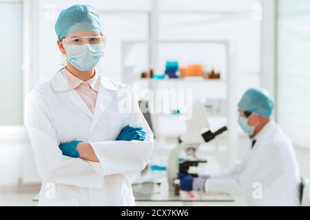 close up. female scientist standing in the lab. Stock Photo