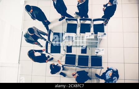 top view. group employees go to the conference room Stock Photo