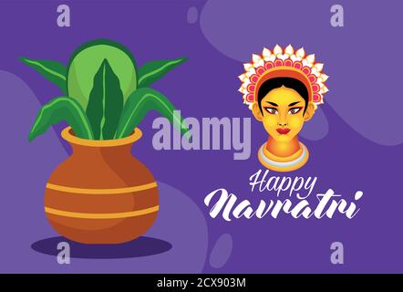 happy navratri celebration with goddess amba and houseplant vector illustration design Stock Vector