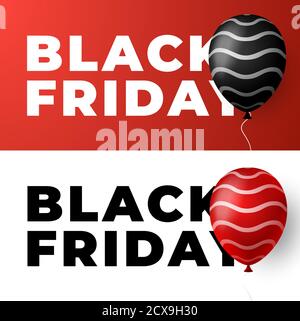 Black Friday sale banner. Minimal styles posters set with balloon Vector illustration. Black Friday isolated on white and red backgrounds. Stock Vector