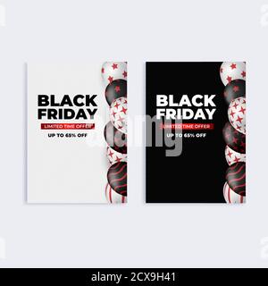 Black friday sale banner set of social media web banners for shopping, sale, product promotion. Realistic Balloons on white and black isolated backgro Stock Vector
