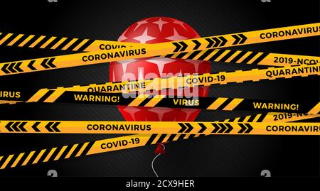 Quarantine concept for Black Friday .Quarantine tape. Coronavirus, quarantine. isolated on dark background . Red balloon and orange quarantine tapes Stock Vector
