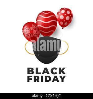 Template online shopping covid19 . Quarantine concept for Black Friday .Medical Mask with red balloons isolated on white background Stock Vector