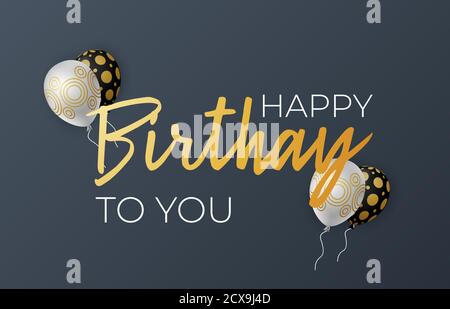 Vector greeting card Happy Birthday with 3d realistic black and white print fashion balloons. Horizontal Birthday poster for celebration, invitation, Stock Vector