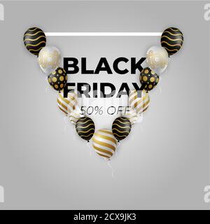 Black Friday Sale Poster with Shiny Balloons on gray Background with triangle Frame. Vector illustration Stock Vector