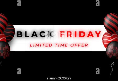 Black Friday Sale Poster with Red and Black Glossy Balloons on Dark Background. Vector illustration . Glowing text Effect. Stock Vector