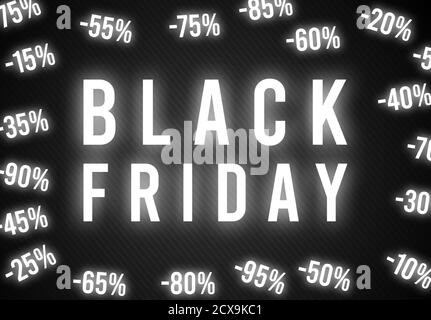 Percent off set of white glow neon signs on a dark background. Black Friday Glowing sales . Sales set around text Black Friday Stock Vector