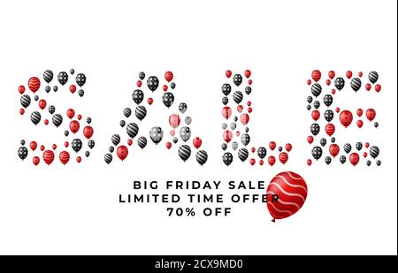 Black Friday Sale Poster with dark Glossy Balloons on white Background. Vector illustration. Sale word made by balloons Stock Vector