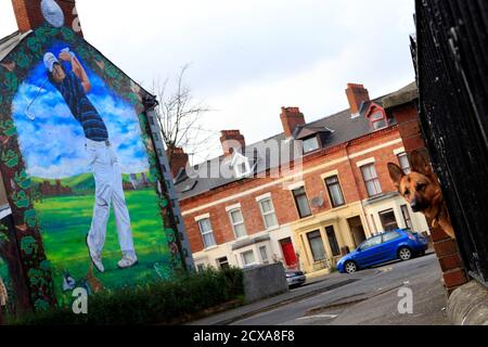 Golfer Rory McIlroy is pictured on a wall in the Holylands area of Belfast, February 23, 2013. Historically most of the hundreds of murals across Northern Ireland promoted either republican or loyalist political beliefs, often glorifying paramilitary groups such as the Irish Republican Army or the Ulster Volunteer Force, or commemorating people who lost their lives in paramilitary or military attacks. However, since the paramilitary ceasefires some of the paintings have become less sectarian, celebrating sporting successes and cultural achievements. Picture taken February 23, 2013.  REUTERS/Ca