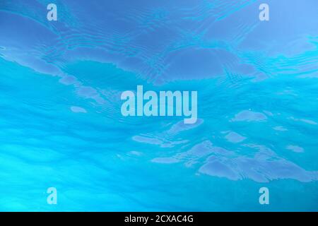 Looking up through clear tropical waters at blue sky, Great Barrier Reef, Queensland, Australia Stock Photo