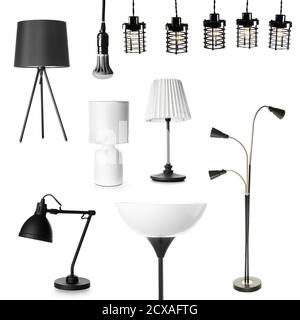 Different stylish lamps on white background Stock Photo