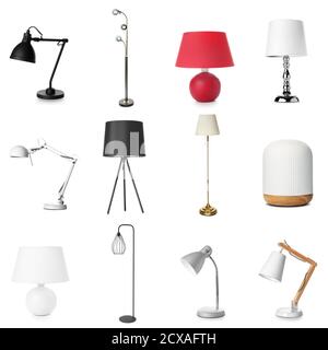 Different stylish lamps on white background Stock Photo