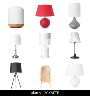 Different stylish lamps on white background Stock Photo