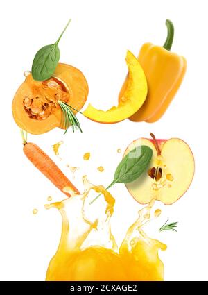 Splash of fresh vegetable juice and flying ingredients on white background Stock Photo